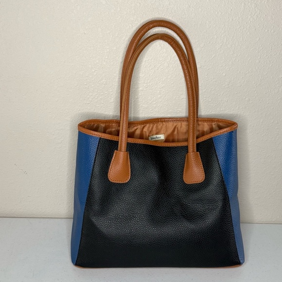 Neiman Marcus Tote Bag Tri-color Camel Brown, Black & Blue Vegan Pebble Leather - Picture 1 of 9